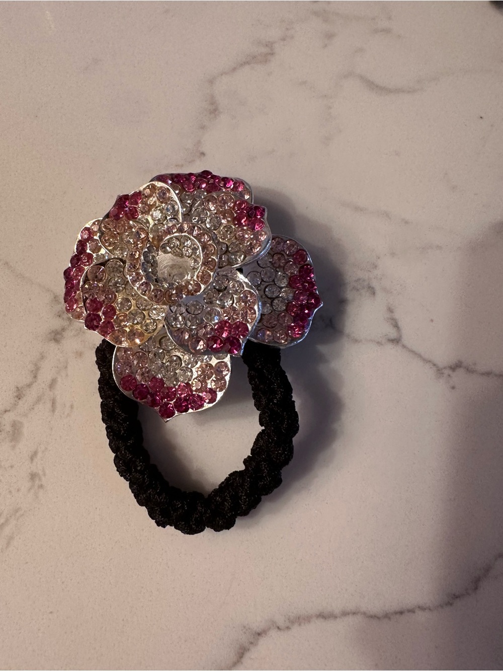 Crystal Flower Rhinestone Hair Tie - Pink & Clear Accents